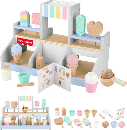 Vista 7 de Fisher-Price Wood Pretend Play Coffee Shop & Toy Register, juego de comida de madera de 20 piezas para niños preescolares a partir de 3 años