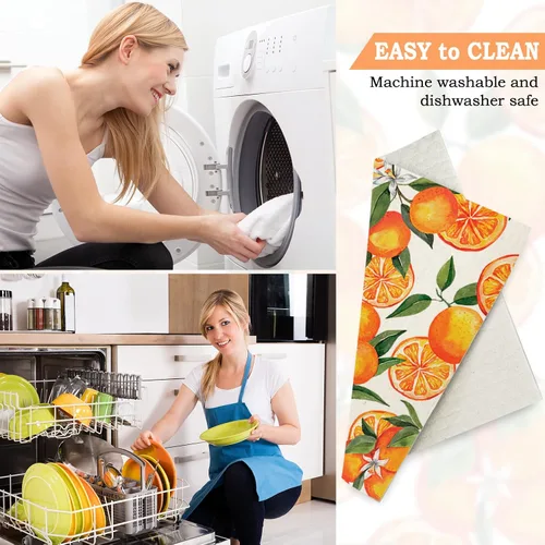 Vista 5 de Whaline 6 paños de cocina suecos anaranjados con patrón de frutas cítricas de algodón, toallas de cocina absorbentes de verano para fiestas, hogar
