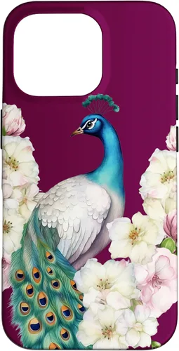 Vista 20 de iPhone 16 Peacock Bird with Long Feathers Watercolor Flowers Case