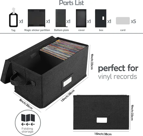 Vista 5 de Woodoulogy Caja de almacenamiento de discos de vinilo para LPs de 7 pulgadas/45 RPM, caja negra con tapa con capacidad para hasta 80 álbumes