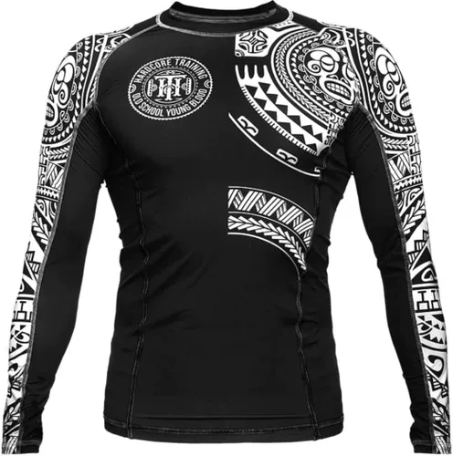 Vista 14 de Hardcore Training Camiseta de compresión para hombre, manga larga, Jiu Jitsu, MMA No-Gi, BJJ apretada, capa base de combate Negro Gris
