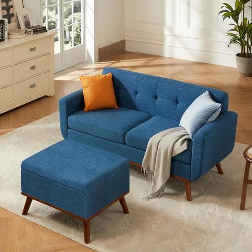 Vista 14 de Kingfun Juegos de muebles de sala de estar, estándar y otomano, sofás de decoración moderna de mediados de siglo, muebles tapizados con botones Beige
