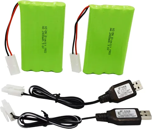 Vista 7 de Blomiky Paquete de 2 baterías AA recargables NiMH de 9.6 V 2000 mAh con conectores estándar Tamiya enchufe y cable USB para auto tanque RC