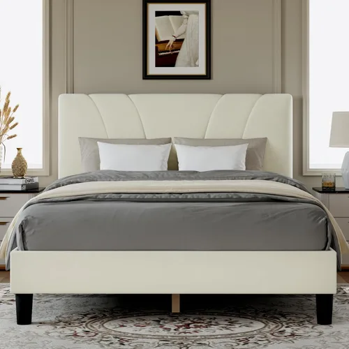 Vista 17 de Novilla Base de cama de tamaño matrimonial con plataforma de cabecera ajustable, base de cama matrimonial con cabecera tapizada de tela de lino,