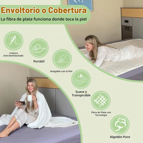 Vista 4 de Manta de conexión a tierra Queen, manta de fibra plateada conectada a la tierra para cama, sofá, silla con cable de 15 pies (152 cm x 203 cm, Verde)