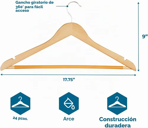 Vista 5 de Honey-Can-Do Perchas resistentes de madera de arce, barra ranurada antideslizante, perfectas para camisas y trajes, duraderas y elegantes, paquete