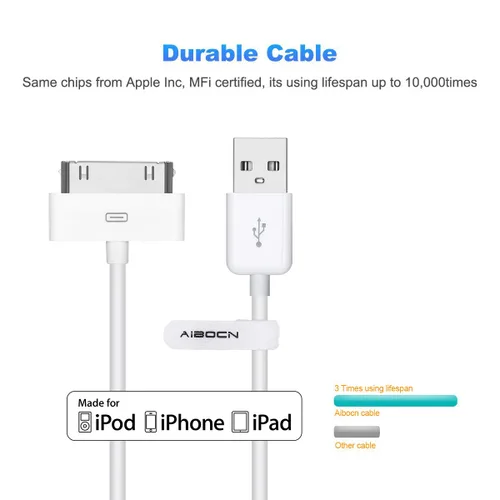 Vista 8 de Aibocn - Cable de sincronización y carga con Dock de 30 pines certificado MFi para iPhone 4 4S / iPad 1 2 3 / iPod Nano/iPod Touch - Blanco
