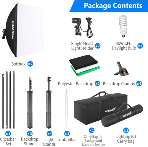 Vista 8 de Sistema de apoyo de fondo Neewer, de 8.5 x 10 pies y equipo de iluminación continua de 800 W, 5500 K, softbox y sombrillas para estudio fotográfico