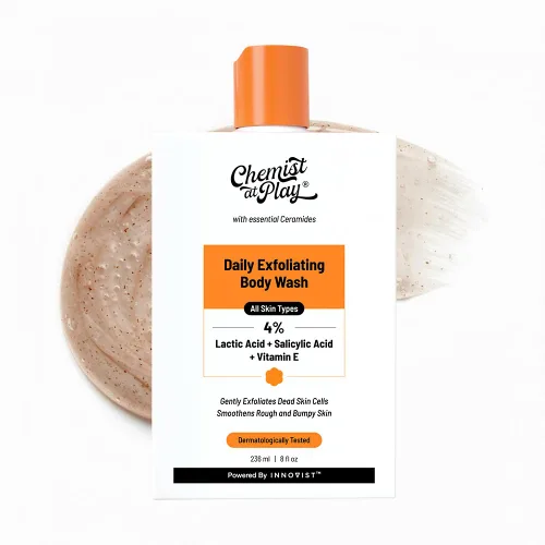 Vista 6 de Chemist at Play Gel de ducha exfoliante suave al 1% de ácido salicílico, sin parabenos ni SLS, evita el acné corporal, la piel rugosa y limpia