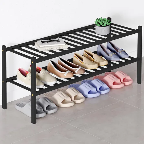 Vista 30 de Smiry Zapatero de bambú para armario, organizador de zapatos de madera de 3 niveles, estante apilable de almacenamiento de zapatos de madera