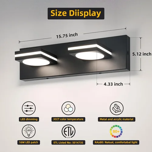 Vista 4 de OKELI Lámpara LED de tocador de baño de 2 luces, color negro mate, moderna lámpara de pared sobre espejo (3CCT, 3000K-6000K)