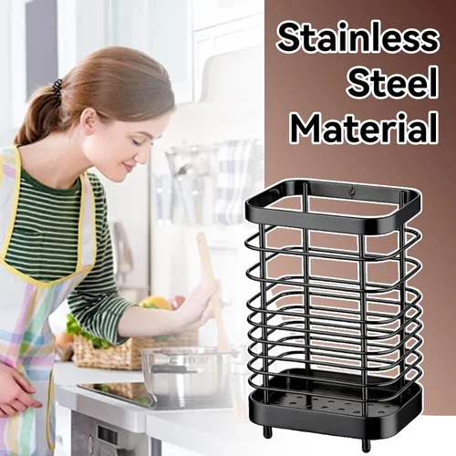 Vista 6 de Cesta de secado de utensilios de acero inoxidable, cesta de secado de cubiertos para fregadero de cocina con drenaje, estante de utensilios