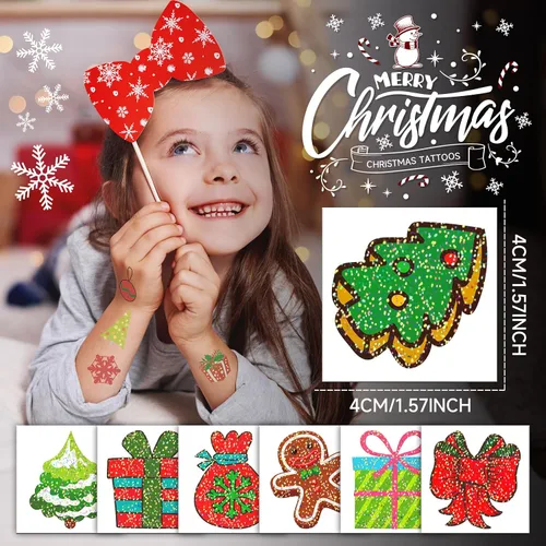Vista 6 de EMOME 408 tatuajes temporales de Navidad, calcomanías de tatuaje con purpurina de Navidad para niños envueltas individualmente a granel, rellenos