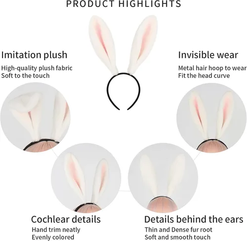 Vista 4 de JUNBOON Diadema de conejo peludo de felpa con orejas de conejo de piel sintética, accesorios para el cabello