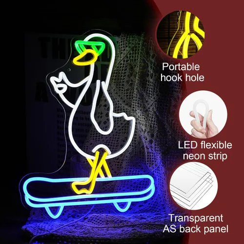 Vista 3 de Letrero de neón de pato gafas de skate genial luz de neón de pato para decoración de pared luz de pato regulable alimentada por USB para decoración
