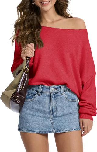 Vista 7 de FAlABLE - Suéter para mujer con hombros descubiertos y cuello barco, pullover holgado de manga larga, acogedor de punto, para otoño e invierno, tops
