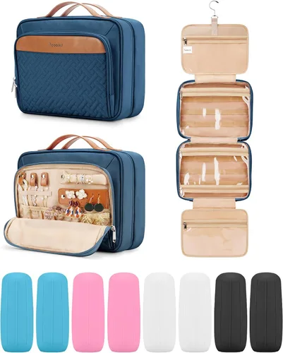 Vista 10 de Bolsa de aseo colgante de viaje para mujeres y hombres, con 6 cubiertas de botellas de silicona a prueba de fugas, accesorios impermeables