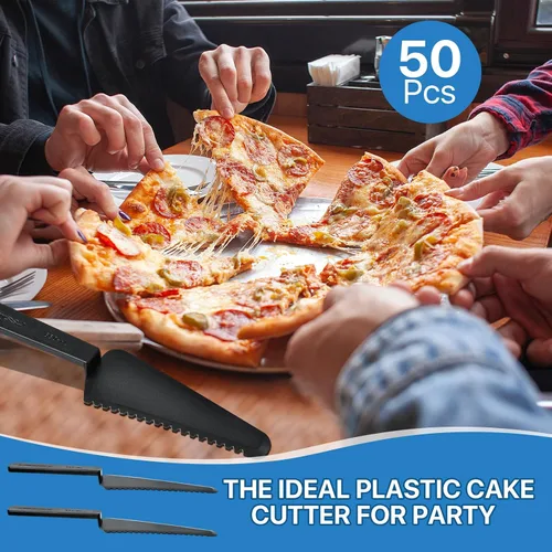 Vista 3 de 50 piezas desechables de plástico cortador de tartas, espátula de plástico negro para tartas, utensilios de servir desechables para pizza