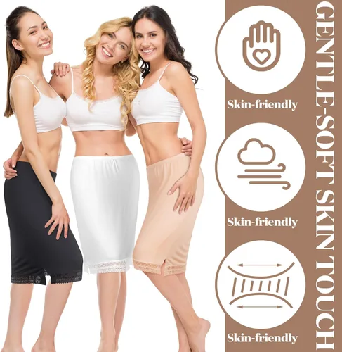 Vista 3 de Lasnten 3 piezas de medias sandalias para mujer, para debajo de los vestidos, falda con ribete de encaje, falda por encima de la rodilla, enagua