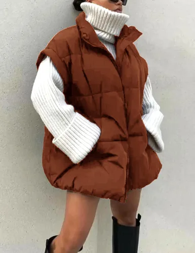 Vista 7 de APAFES Chaleco acolchado de invierno para mujer, ligero, cuello alto, manga corta, acolchado, con bolsillos