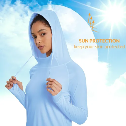 Vista 4 de baleaf Camiseta de protección solar con capucha para mujer, con protección solar UPF 50+, manga larga, protección UV, protección contra erupciones
