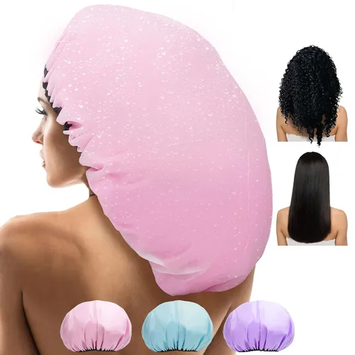 Vista 11 de 3 gorros de ducha súper extra grandes de 16.5 pulgadas, gorro de ducha reutilizable doble impermeable para mujer, gorro de ducha jumbo con forro
