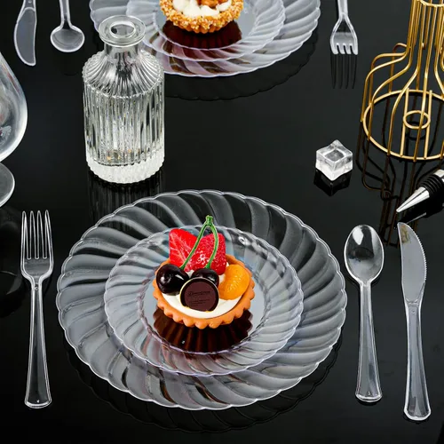 Vista 5 de FOCUSLINE 100 unidades de platos de plástico transparente de 6 pulgadas, platos desechables de plástico duro premium para ensalada y postre - Platos