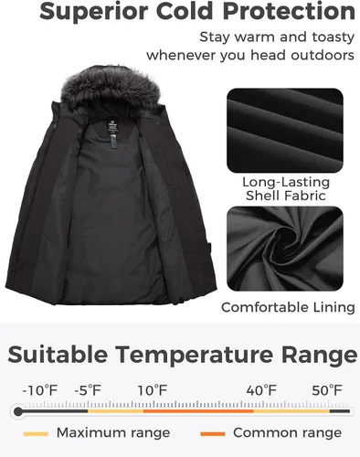 Vista 4 de wantdo Abrigo de invierno acolchado largo para mujer, chaqueta acolchada con capucha de piel sintética