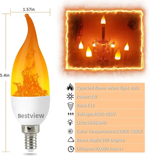Vista 2 de Bestview - Bombillas LED con efecto de llama, 3 modos de luz parpadeante, bombilla de vela inteligente con base de candelabro E12 para Halloween