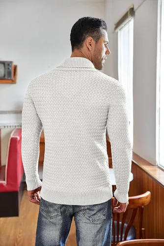 Vista 3 de COOFANDY Suéter de punto con cuello de chal para hombre, cuello alto, ajustado, manga larga, suéter casual