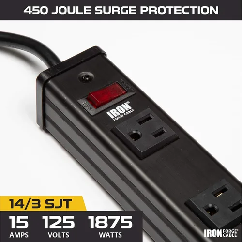 Vista 3 de Iron Forge Cable Regleta de protección contra sobretensiones resistente de 9 salidas con disyuntor integrado, 14/3 SJT negro y amarillo con cable