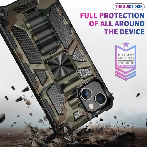 Vista 2 de CCSmall Funda de camuflaje para iPhone 13 Mini, resistente a prueba de golpes, protección de grado militar, soporte magnético integrado, para niños