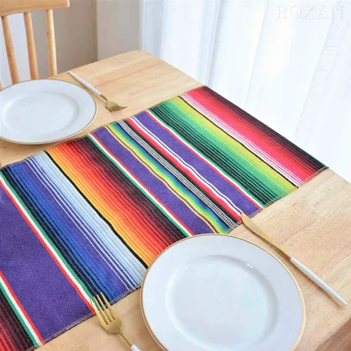 Vista 2 de BOXAN Camino de mesa de serape mexicano para decoración de boda, picnic al aire libre, mesa de comedor, manta de algodón con flecos, caminos de mesa