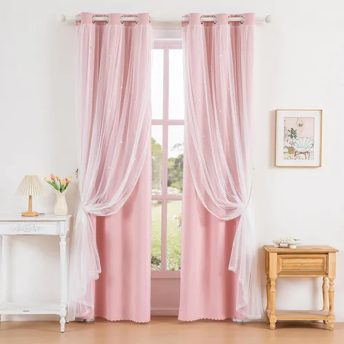 Vista 13 de Anytime - Cortinas para dormitorio de niñas con estrella hueca, cortinas opacas para habitación de niños, cortinas largas para oscurecer