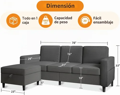 Vista 2 de Sofá seccional y sofás para sala de estar, sofá de 3 asientos gris oscuro de 3 asientos en forma de L con otomana de almacenamiento, sofás