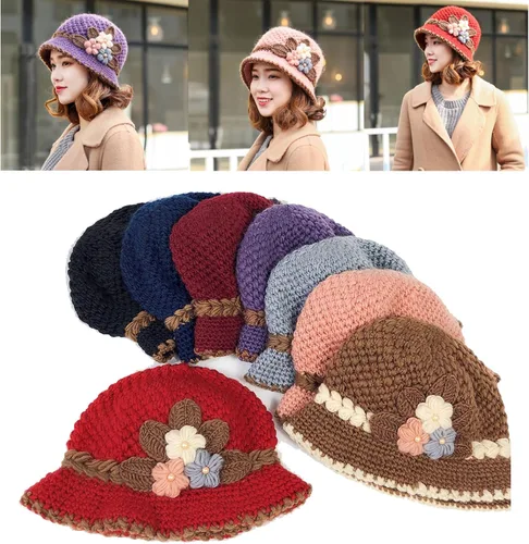 Vista 4 de Lady French Thicken - Gorro de lana de punto con flores para mujer, con flores