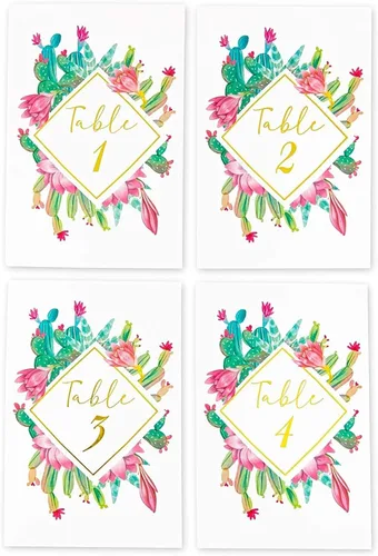 Vista 5 de Sparkle and Bash Números de mesa para suculentas, 4 x 6 pulgadas, paquete de 25, diseño de cactus de lámina dorada, letreros de números de mesa