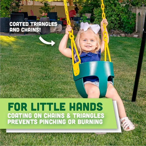 Vista 8 de Columpio de lujo con respaldo alto para niños pequeños con protección de pellizco, color verde Revestimiento patentado de cadena y conector