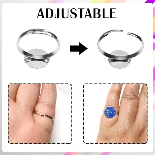 Vista 3 de TOAOB 30 anillos planos ajustables chapados en plata con base en blanco de 0.472 pulgadas