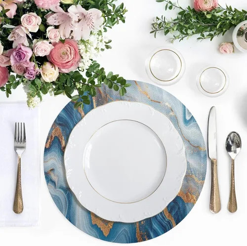 Vista 5 de Mantel individual redondo de mármol azul dorado, lavable para mesa de comedor para cocina (talla única x 1)