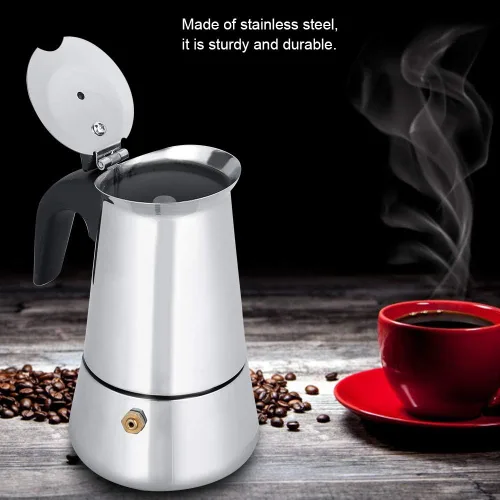 Vista 4 de Cafetera de café expreso, cafetera portátil de acero inoxidable, cafetera expreso, clásica para el hogar, la oficina (3.3 fl oz)