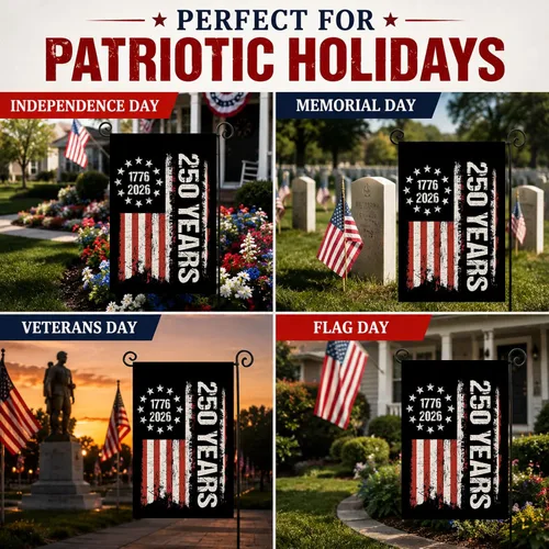 Vista 7 de Bandera de jardín de 250 años de América, Bendiciones 250° aniversario USA Bandera patriótica doble cara con diseño de estrellas y rayas