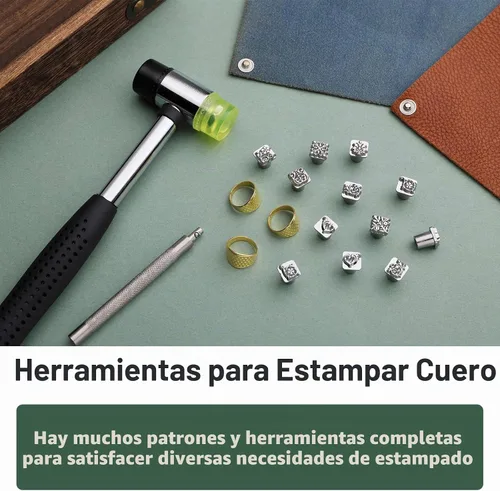 Vista 5 de Herramientas de Estampado de Cuero, Kit de Estampado de Cuero con 12 Sellos de Tangcao y Herramientas de Estampado y Punzón y Martillo de 25mm y 3