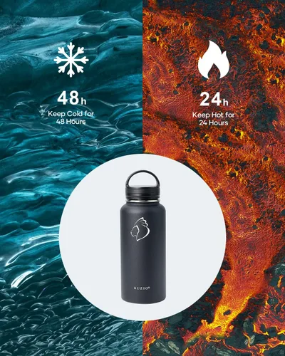 Vista 2 de BUZIO Botella de agua de 32 onzas aislada con popote y 3 tapas y bolsa de transporte, a prueba de fugas, frasco jarra de agua de acero inoxidable