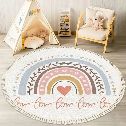 Vista 16 de Alfombra redonda bohemia para niños, dibujada a mano sin costuras con arco iris rosa pastel, alfombra de verano para bebé, alfombra de lino, Multi3
