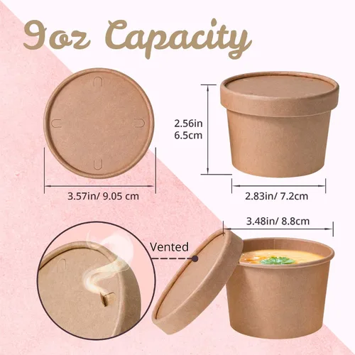 Vista 10 de MATICAN Vasos de papel para helado con tapas, paquete de 40 tazas de sopa de 9 onzas con tapas, recipientes desechables para helado, 9 onzas, marrón