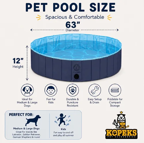 Vista 3 de KOPEKS Bañera para piscina al aire libre, portátil, plegable, ideal para mascotas, XL 63 x 12 pulgadas, azul, azul piscina-XL
