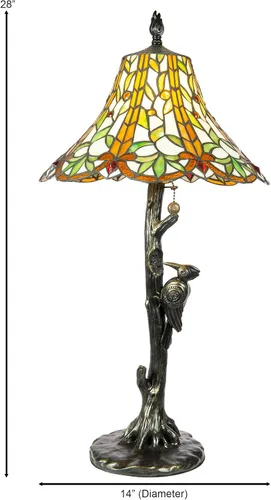 Vista 3 de Dale Tiffany TT10528 - Lámpara de mesa Lauralyn Woodpecker Tiffany de 28 pulgadas de alto, acabado de bronce antiguo, pantalla hecha a mano