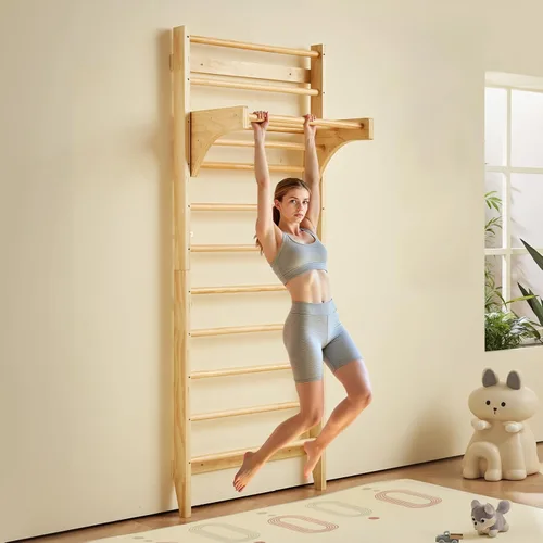 Vista 8 de VEVOR - Escalera sueca de pared, 8 en 1, barras de pared de madera maciza de 15 niveles, juego de escalada de gimnasio de selva interior de 220