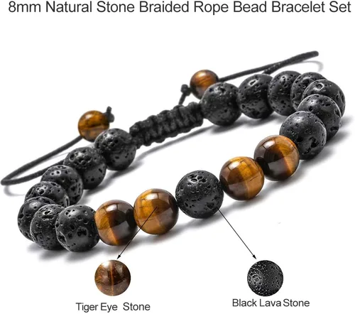 Vista 6 de M MOOHAM - Pulseras de piedra natural para hombre, ojo de tigre de 516 de pulgada, ágata mate, piedra de lava, regalos para niños y adolescentes